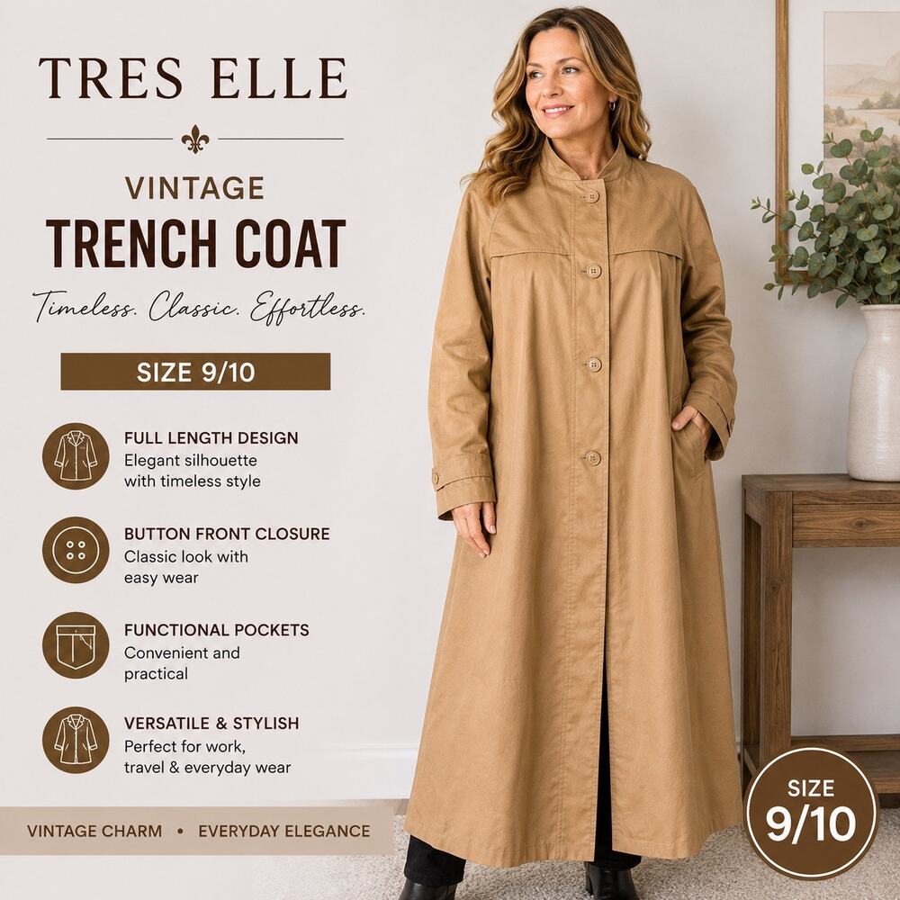 Vintage Tres Elle Womens Trench Coat Size 10 Tan Brown Full Length Button Front